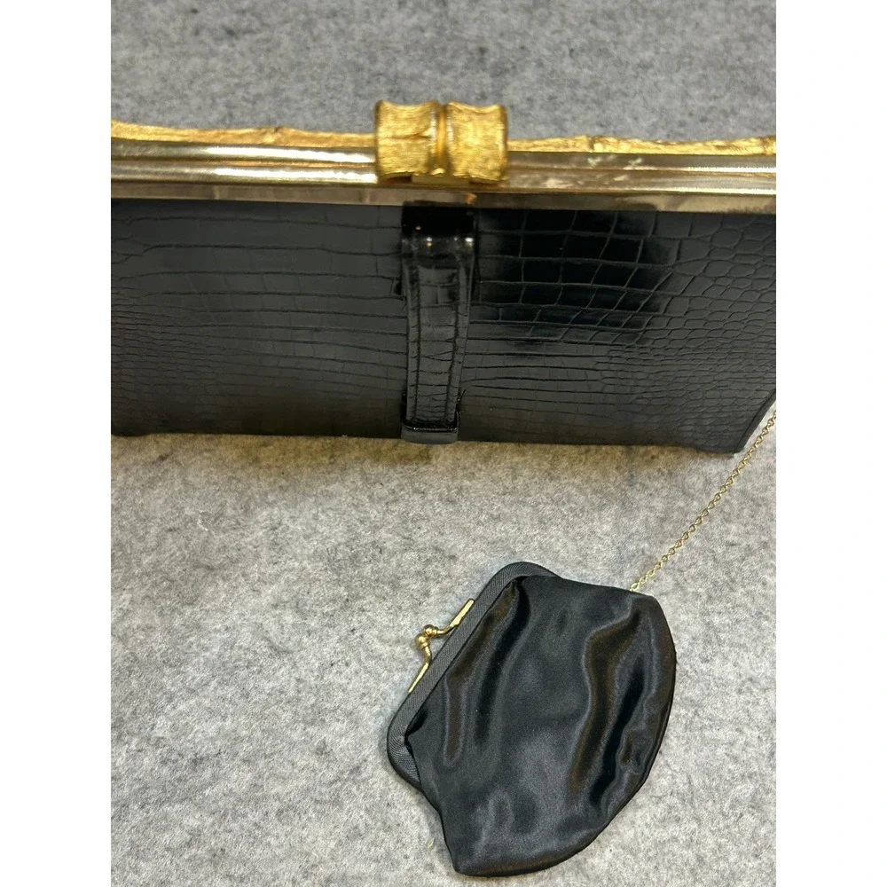 AFTER FIVE BLACK FAUX ALLIGATOR HANDBAG PURSE CHANGE PURSE VINTAGE Clutch Glam